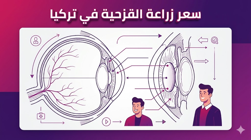 إنفوجرافيك تشريحي يوضح عملية وضع القزحية الصناعية والعوامل المؤثرة في سعر زراعة القزحية في تركيا.