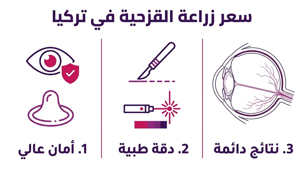 بوستر معلوماتي مقسم لثلاثة أجزاء يشرح الأمان والدقة والنتائج المتعلقة بـ سعر زراعة القزحية في تركيا.