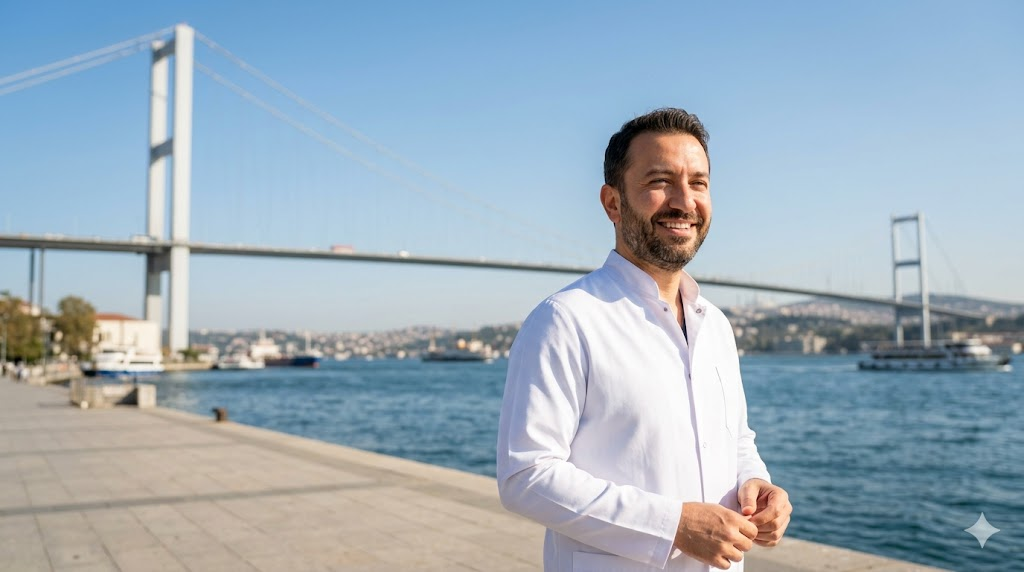 طبيب مختص في تركيا يقف أمام جسر البوسفور في اسطنبول، يرمز لثقة وجودة الخدمات الطبية لـ سعر زراعة القزحية في تركيا.