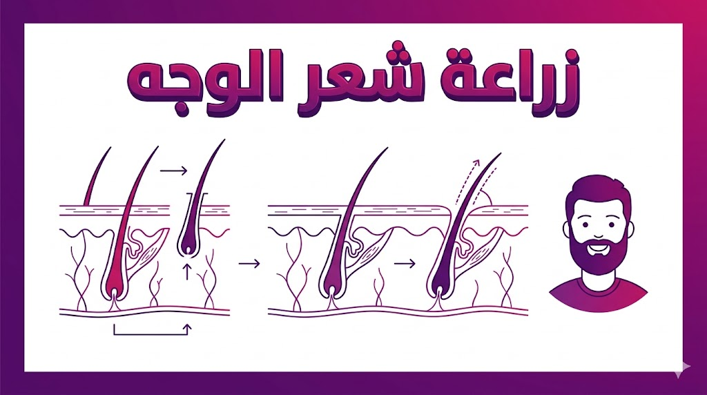 إنفوجرافيك تعليمي يشرح التشريح الدقيق وزوايا نمو الشعر في عملية زراعة شعر الوجه.