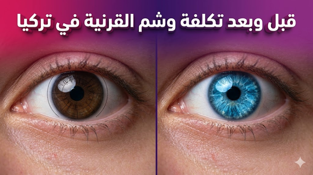 صورة واقعية تظهر نتائج قبل وبعد تكلفة وشم القرنية في تركيا مع تغيير لون العين بتقنيات متطورة.
