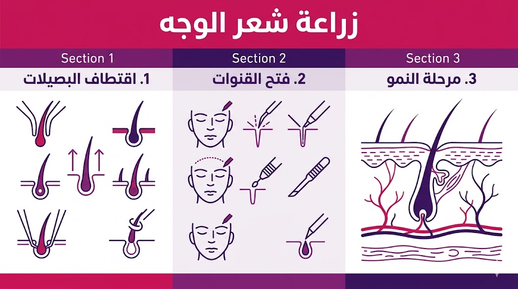  ملصق إنفوجرافيك يوضح مراحل عملية زراعة شعر الوجه من الاقتطاف إلى نمو الشعر.