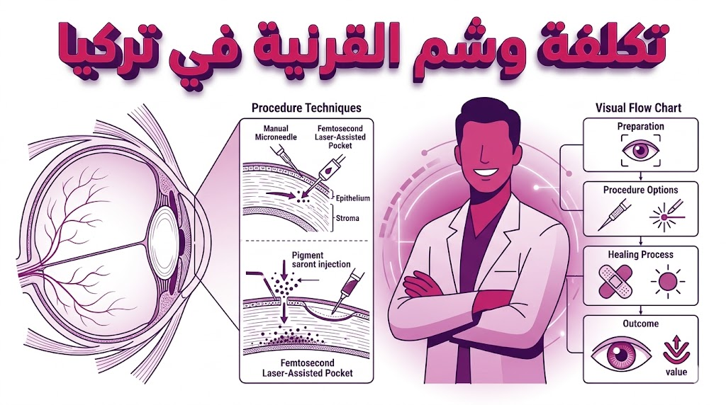 إنفوجرافيك تعليمي يوضح التشريح الطبي لطبقات العين المرتبط بـ تكلفة وشم القرنية في تركيا وتوزيع الصبغة.