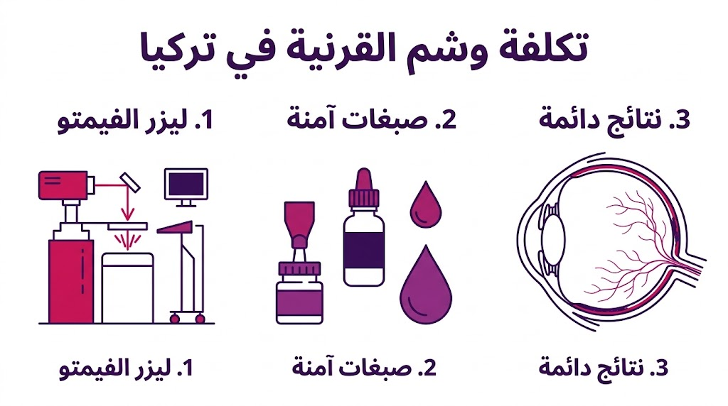 بوستر إنفوجرافيك طبي يشرح تقنيات ليزر الفيمتو والصبغات المستخدمة في تكلفة وشم القرنية في تركيا.