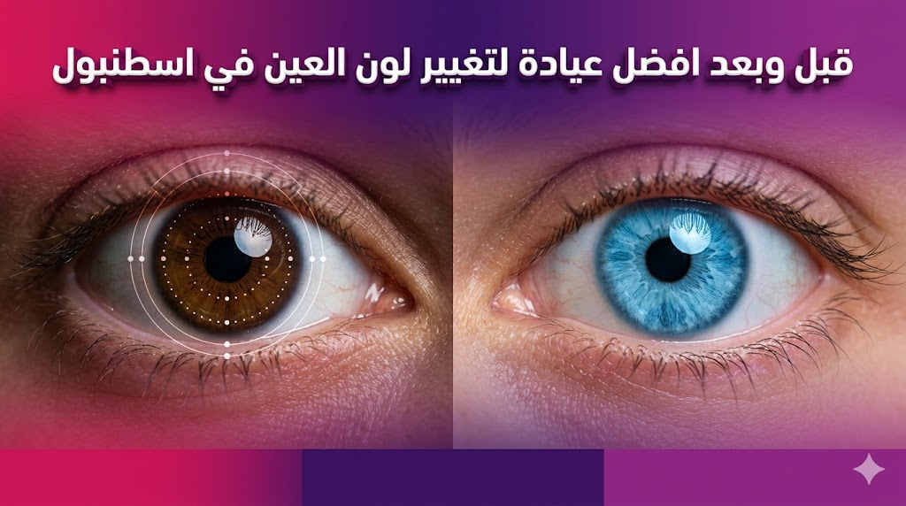 مقارنة قبل وبعد لنتائج تغيير لون قزحية العين في افضل عيادة لتغيير لون العين في اسطنبول.