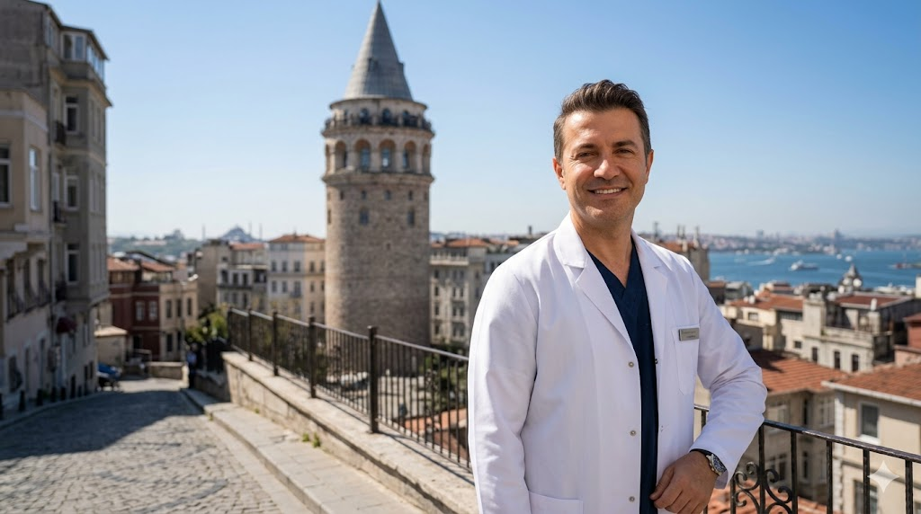طبيب تجميل متخصص في زراعة شعر الوجه يقف أمام برج غالاتا في مدينة اسطنبول التركية.