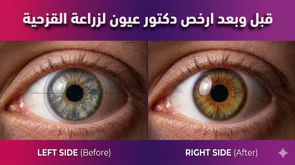 مقارنة قبل وبعد تظهر نتائج عملية ناجحة مع ارخص دكتور عيون لزراعة القزحية توضح الفرق في مظهر العين.