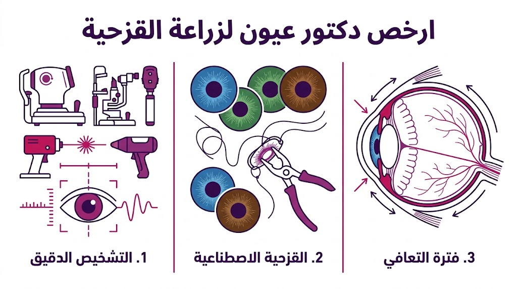 إنفوجرافيك طبي يوضح مراحل العملية والتقنيات المستخدمة لدى ارخص دكتور عيون لزراعة القزحية.