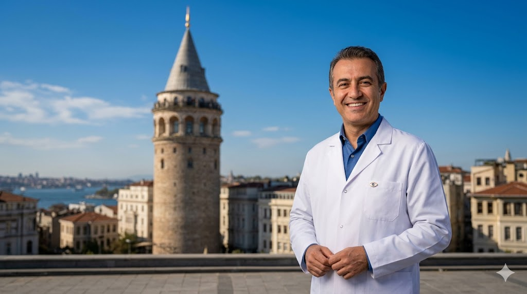 طبيب عيون خبير يقف أمام برج غالاتا في اسطنبول يمثل ارخص دكتور عيون لزراعة القزحية في تركيا.