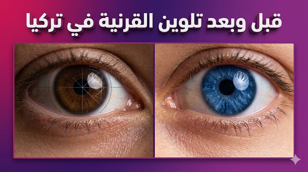 مقارنة واقعية قبل وبعد عملية تلوين القرنية في تركيا تظهر التحول من اللون البني إلى اللون الأزرق الطبيعي.