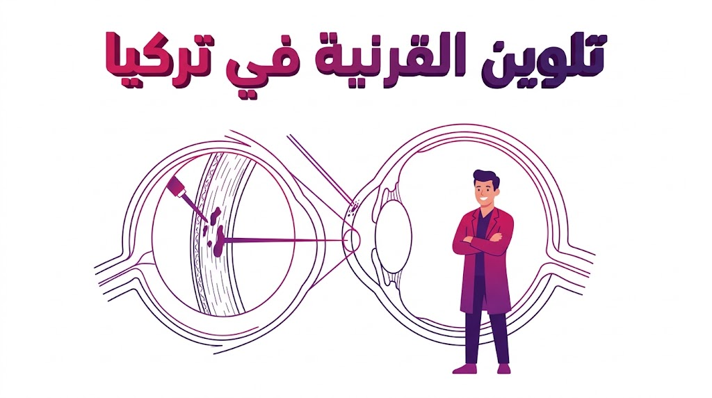 إنفوجرافيك طبي يشرح التشريح الداخلي للعين وكيفية حقن الصبغة أثناء عملية تلوين القرنية في تركيا.