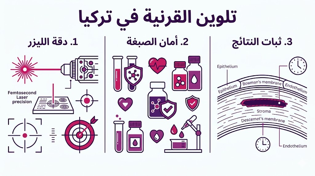 بوستر إنفوجرافيك يوضح دقة الليزر وأمان الصبغات المستخدمة وثبات النتائج في تلوين القرنية في تركيا.