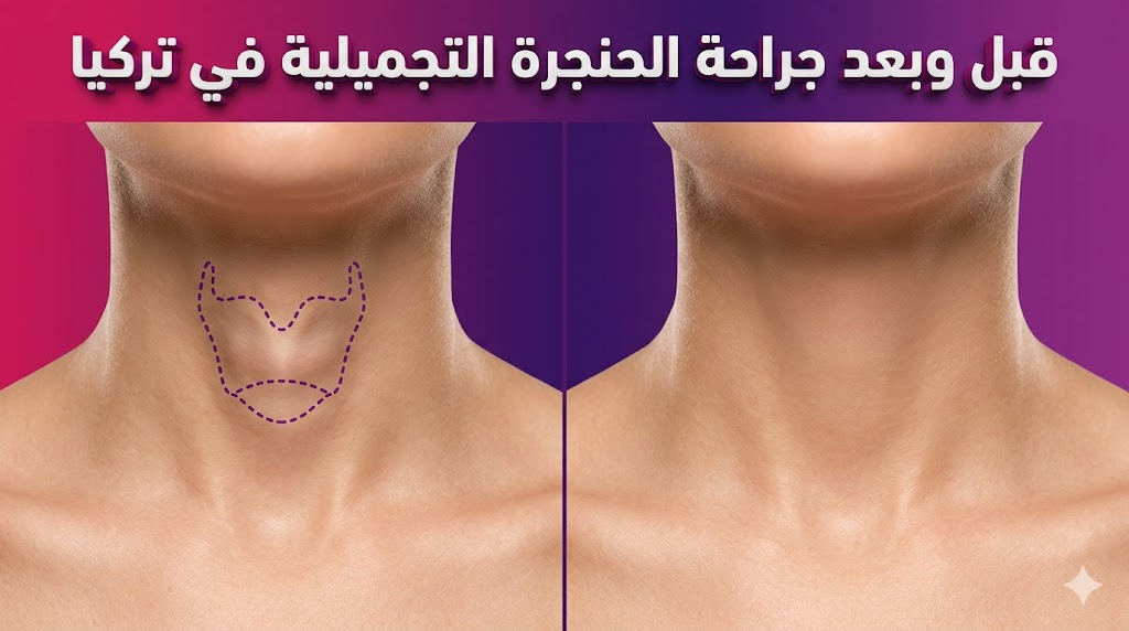  صورة مقارنة "قبل وبعد" توضح نتائج جراحة الحنجرة التجميلية في تركيا لنحت الرقبة وتصغير تفاحة آدم.