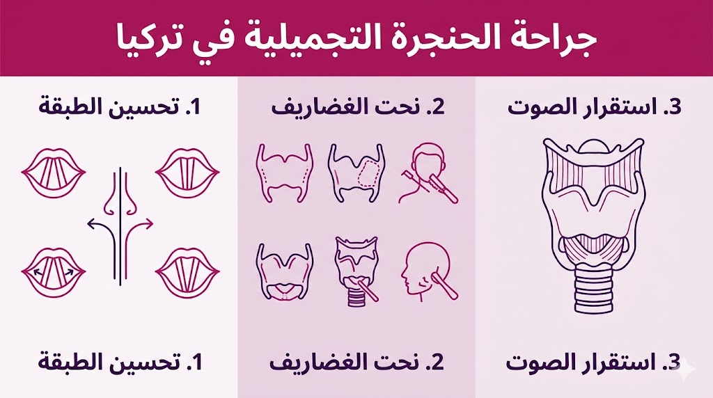 إنفوجرافيك طبي يشرح المراحل الثلاث الرئيسية لإجراء جراحة الحنجرة التجميلية في تركيا.