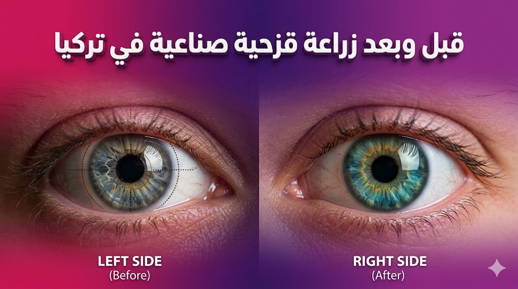 مقارنة قبل وبعد تظهر نتائج زراعة قزحية صناعية في تركيا لعلاج تشوهات العين واستعادة المظهر الطبيعي.