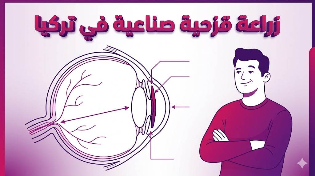 مخطط تشريحي تعليمي يوضح آلية ومكان وضع العدسة في عملية زراعة قزحية صناعية في تركيا.