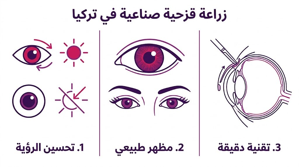  إنفوجرافيك طبي يستعرض أهم 3 فوائد لعملية زراعة قزحية صناعية في تركيا من تحسين الرؤية والمظهر الجمالي.