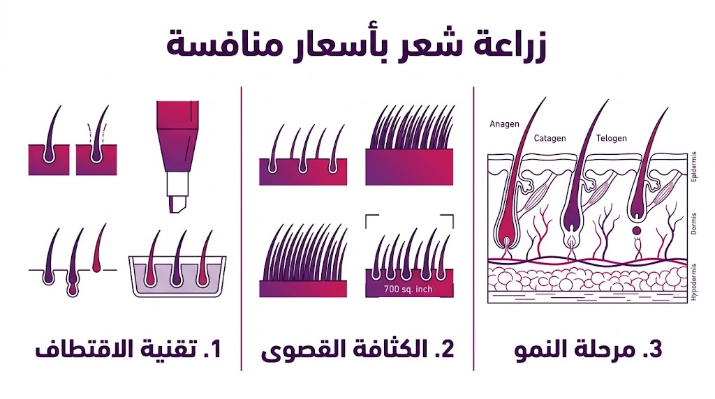  إنفوجرافيك تعليمي يشرح خطوات زراعة شعر بأسعار منافسة من الاقتطاف حتى النمو.