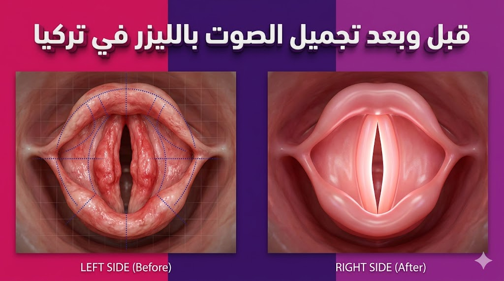 مقارنة قبل وبعد تجميل الصوت بالليزر في تركيا توضح تحسن حالة الأحبال الصوتية من الالتهاب إلى النقاء التام.