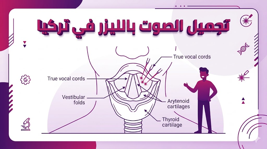  إنفوجرافيك تعليمي يوضح التشريح الداخلي للحنجرة وكيفية تطبيق تقنية تجميل الصوت بالليزر في تركيا بدقة.