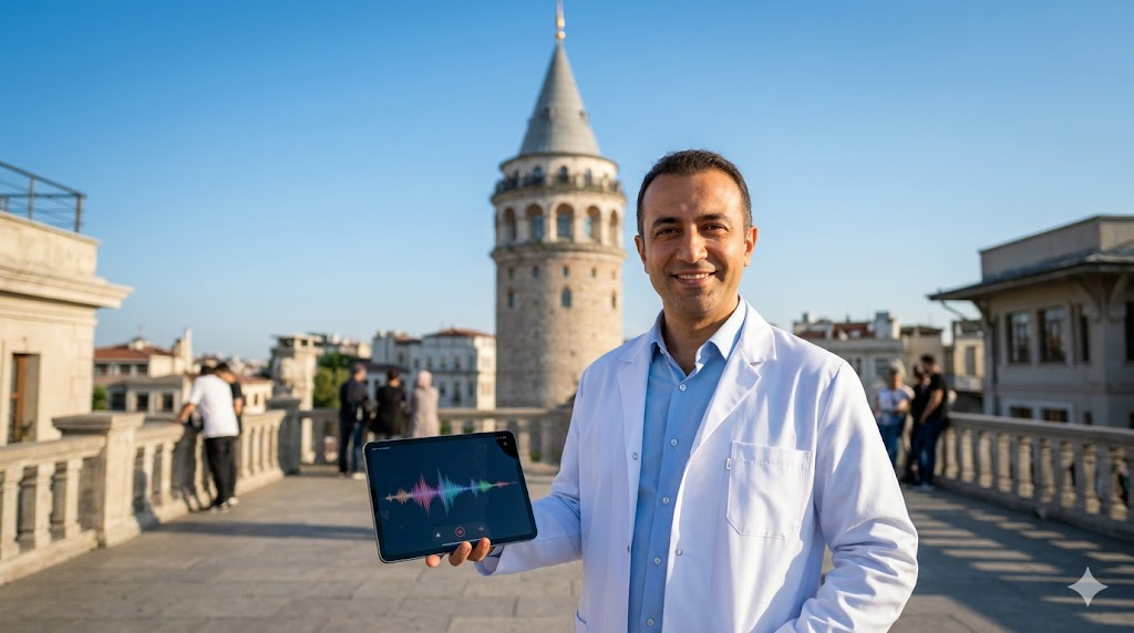  جراح تركي متخصص يقف أمام برج غالاتا في اسطنبول يمثل التطور الطبي في تجميل الصوت بالليزر في تركيا.