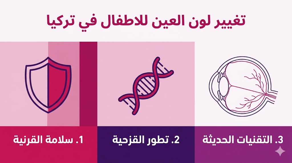 إنفوجرافيك طبي يوضح المعايير الثلاثة الأساسية لعملية تغيير لون العين للاطفال في تركيا.