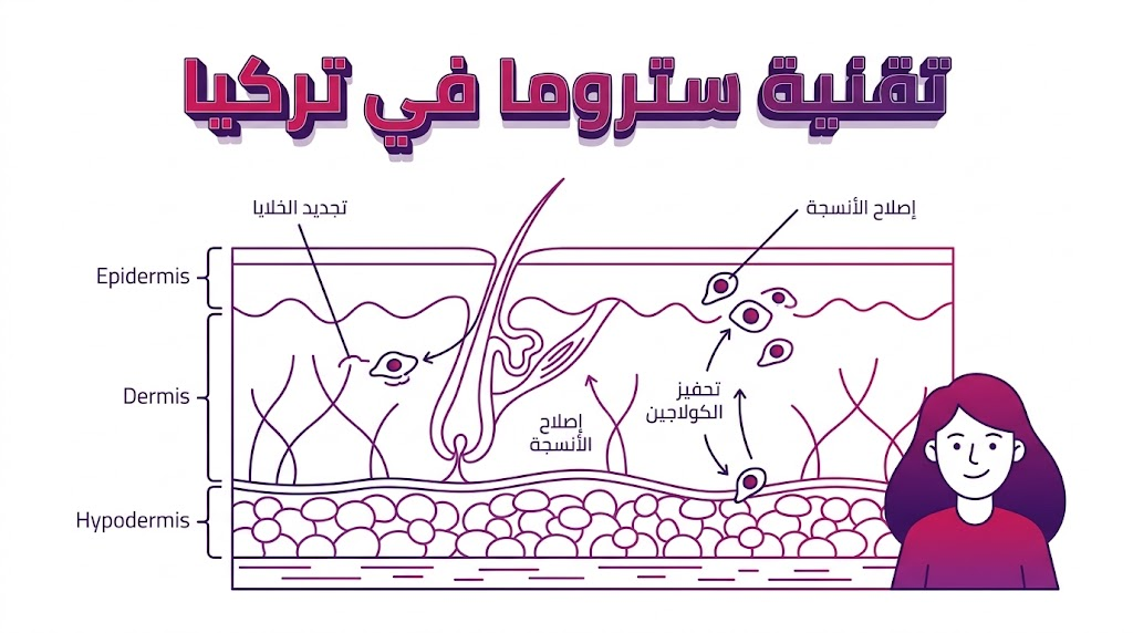 مخطط تشريحي يوضح الآلية العلمية لعمل تقنية ستروما في تركيا لتجديد الأنسجة.