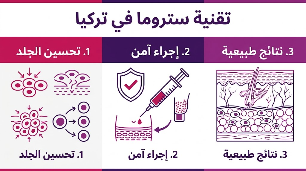 إنفوجرافيك طبي يوضح المزايا الثلاث الرئيسية لاستخدام تقنية ستروما في تركيا.