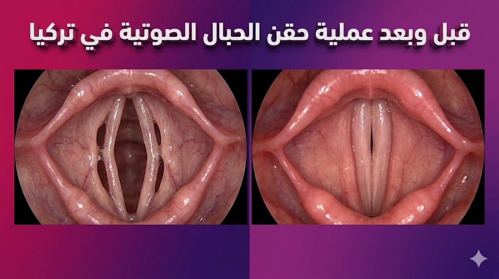 مقارنة قبل وبعد تظهر تحسن حالة الأحبال الصوتية بعد إجراء عملية حقن الحبال الصوتية في تركيا.