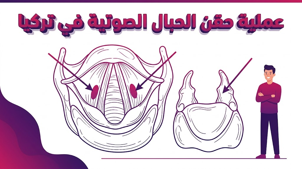  مخطط تشريحي تعليمي يوضح آلية ومكان الحقن في الحنجرة خلال عملية حقن الحبال الصوتية في تركيا.