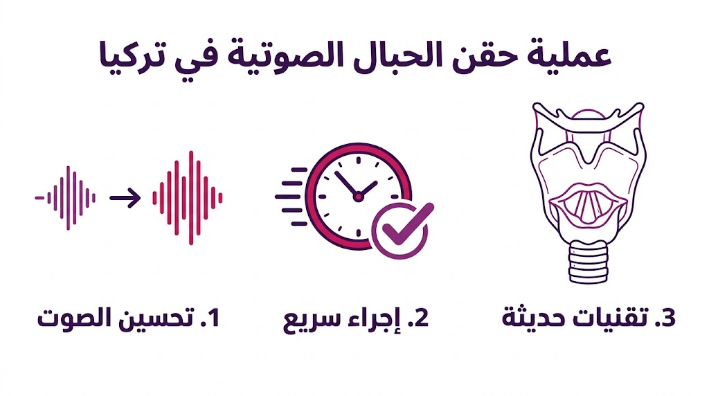  إنفوجرافيك طبي يلخص فوائد ومميزات إجراء عملية حقن الحبال الصوتية في تركيا في ثلاث نقاط رئيسية.