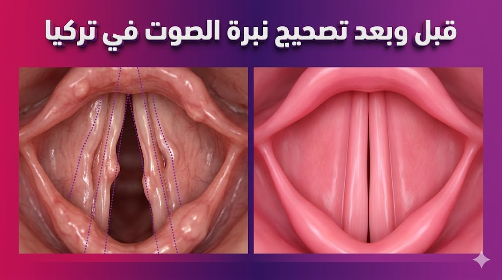مقارنة قبل وبعد توضح تحسن حالة الأحبال الصوتية بعد إجراء تصحيح نبرة الصوت في تركيا.