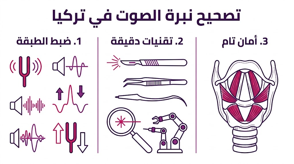 إنفوجرافيك طبي يشرح مميزات وخطوات عملية تصحيح نبرة الصوت في تركيا.
