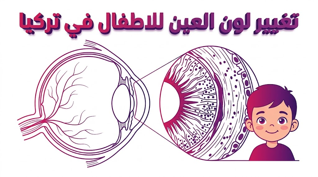 مخطط تشريحي تعليمي يوضح آلية تغيير لون العين للاطفال في تركيا وتأثيرها على صبغة القزحية.