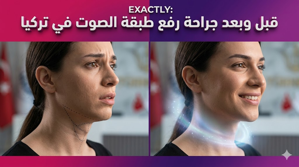  مقارنة قبل وبعد جراحة رفع طبقة الصوت في تركيا تظهر علامات التخطيط الطبي والنتيجة النهائية الناجحة.