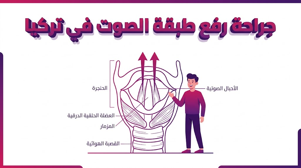 مخطط تشريحي تعليمي يوضح آلية عمل جراحة رفع طبقة الصوت في تركيا من الداخل.