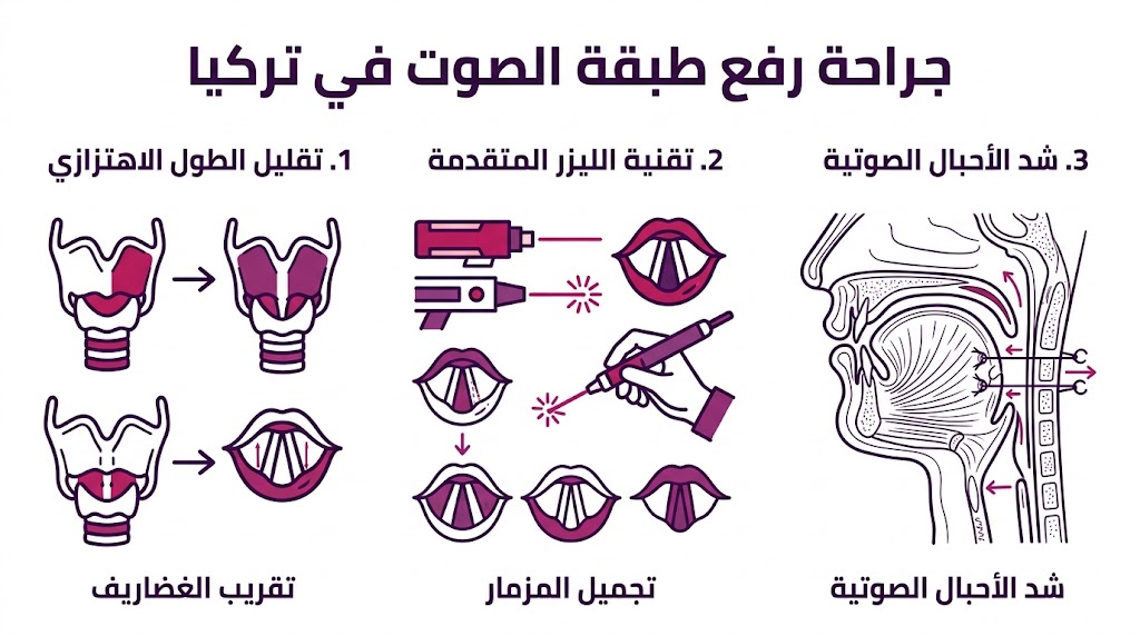  إنفوجرافيك طبي يشرح التقنيات الثلاث الرئيسية المستخدمة في جراحة رفع طبقة الصوت في تركيا.