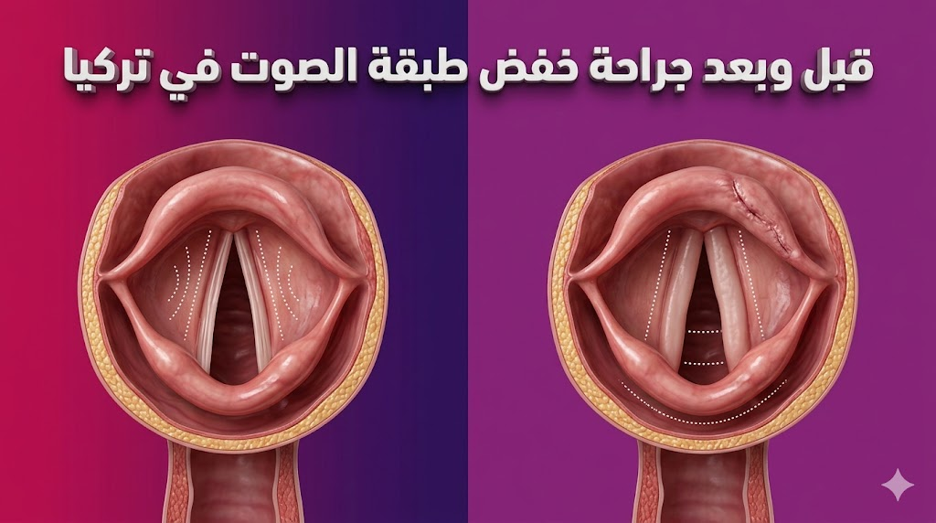  مقارنة قبل وبعد توضح التغير في الأحبال الصوتية بعد جراحة خفض طبقة الصوت في تركيا مع نص ثلاثي الأبعاد.