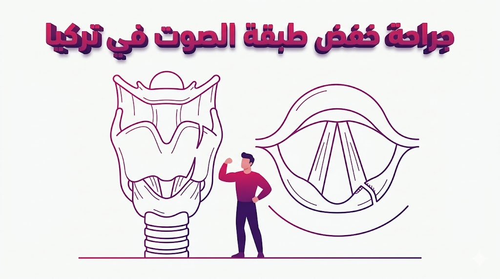 مخطط تشريحي علمي يوضح آلية عمل جراحة خفض طبقة الصوت في تركيا وتأثيرها على الأحبال الصوتية.