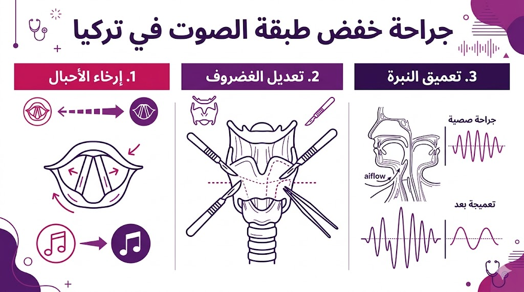 إنفوجرافيك طبي يشرح المراحل الثلاث الأساسية لعملية جراحة خفض طبقة الصوت في تركيا.