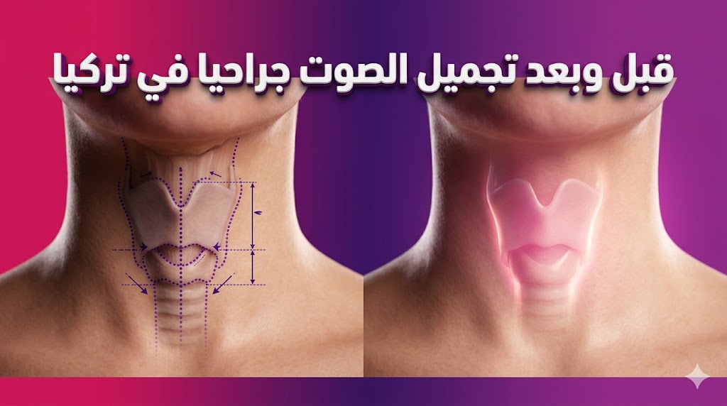  مقارنة قبل وبعد تجميل الصوت جراحيا في تركيا تظهر علامات التخطيط الجراحي والنتائج النهائية.