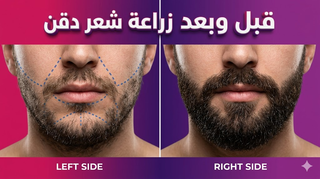  صورة مقارنة "قبل وبعد" توضح نتائج زراعة شعر دقن وتكثيف اللحية مع تحديد المناطق قبل العملية والنتيجة النهائية.