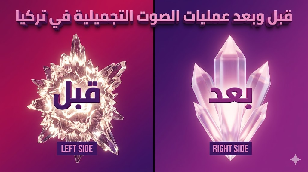  مقارنة بصرية رمزية توضح تحسن جودة الصوت قبل وبعد عمليات الصوت التجميلية في تركيا مع نص عربي ثلاثي الأبعاد.
