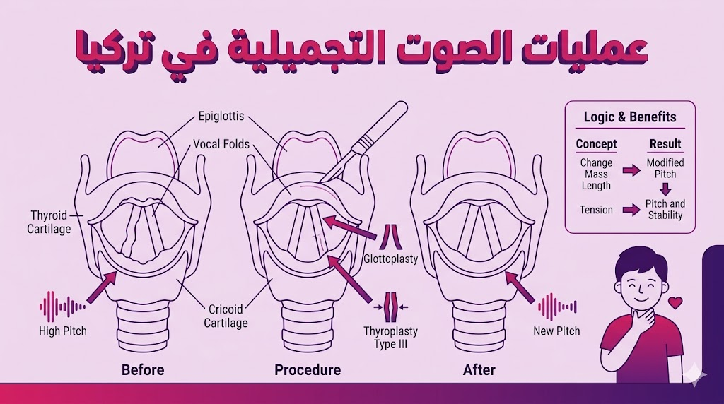 إنفوجرافيك تعليمي يوضح التشريح الداخلي للحنجرة والأحبال الصوتية المتعلق بـ عمليات الصوت التجميلية في تركيا.