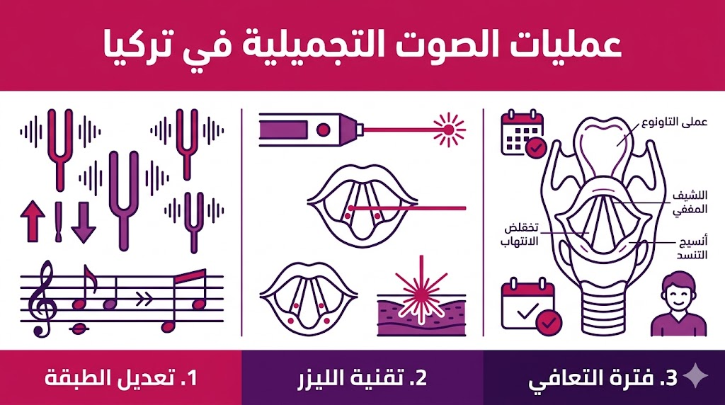 بوستر إنفوجرافيك طبي يشرح مراحل عمليات الصوت التجميلية في تركيا من تعديل الطبقة إلى التعافي.