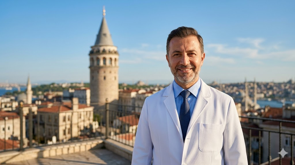  طبيب متخصص في عمليات الصوت التجميلية في تركيا يقف أمام برج غالاتا في اسطنبول بلقطة واقعية احترافية.