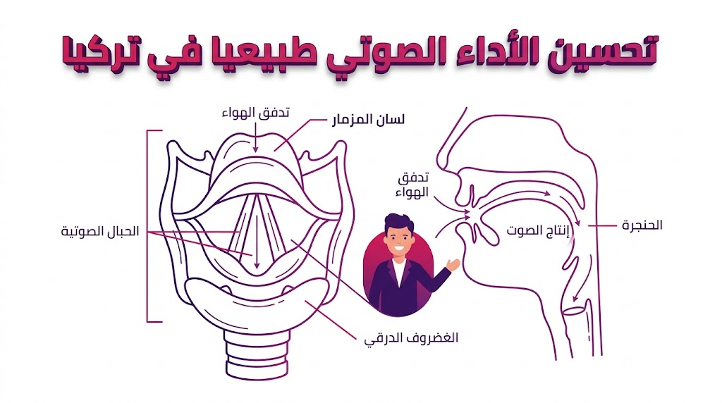 مخطط تشريحي تعليمي يوضح آليات تحسين الأداء الصوتي طبيعيا في تركيا.