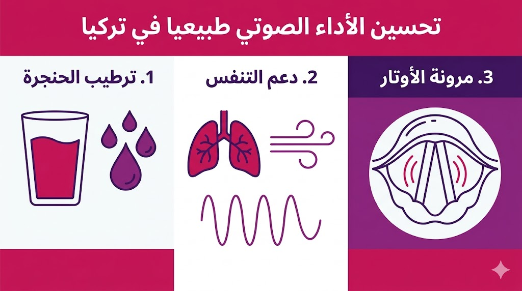 إنفوجرافيك تعليمي يستعرض خطوات تحسين الأداء الصوتي طبيعيا في تركيا.