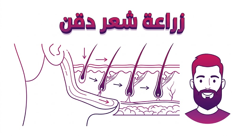  مخطط إنفوجرافيك تعليمي يوضح الآلية الطبية لعملية زراعة شعر دقن وتوزيع البصيلات في منطقة الذقن.