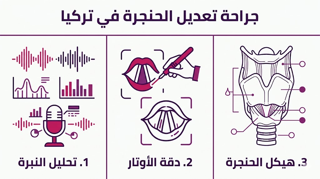 إنفوجرافيك طبي يوضح مراحل تحليل النبرة ودقة العمل الجراحي في جراحة تعديل الحنجرة في تركيا.